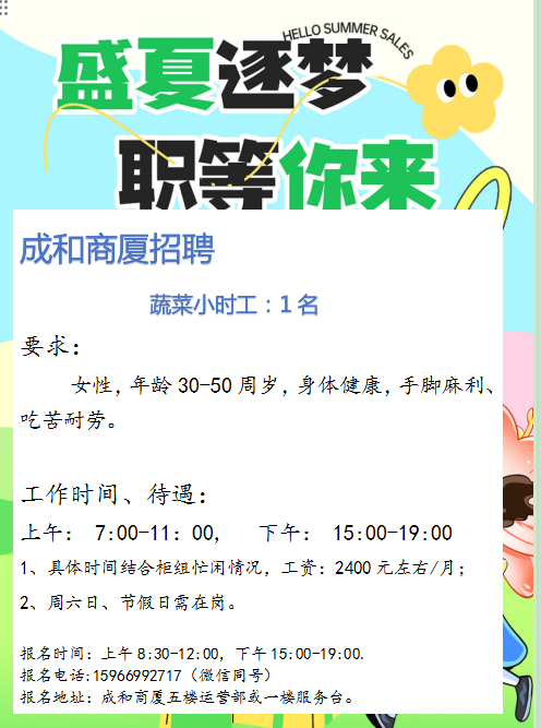 沂源成和商厦招聘蔬菜小时工