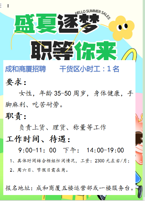 沂源成和商厦招聘干货区小时工
