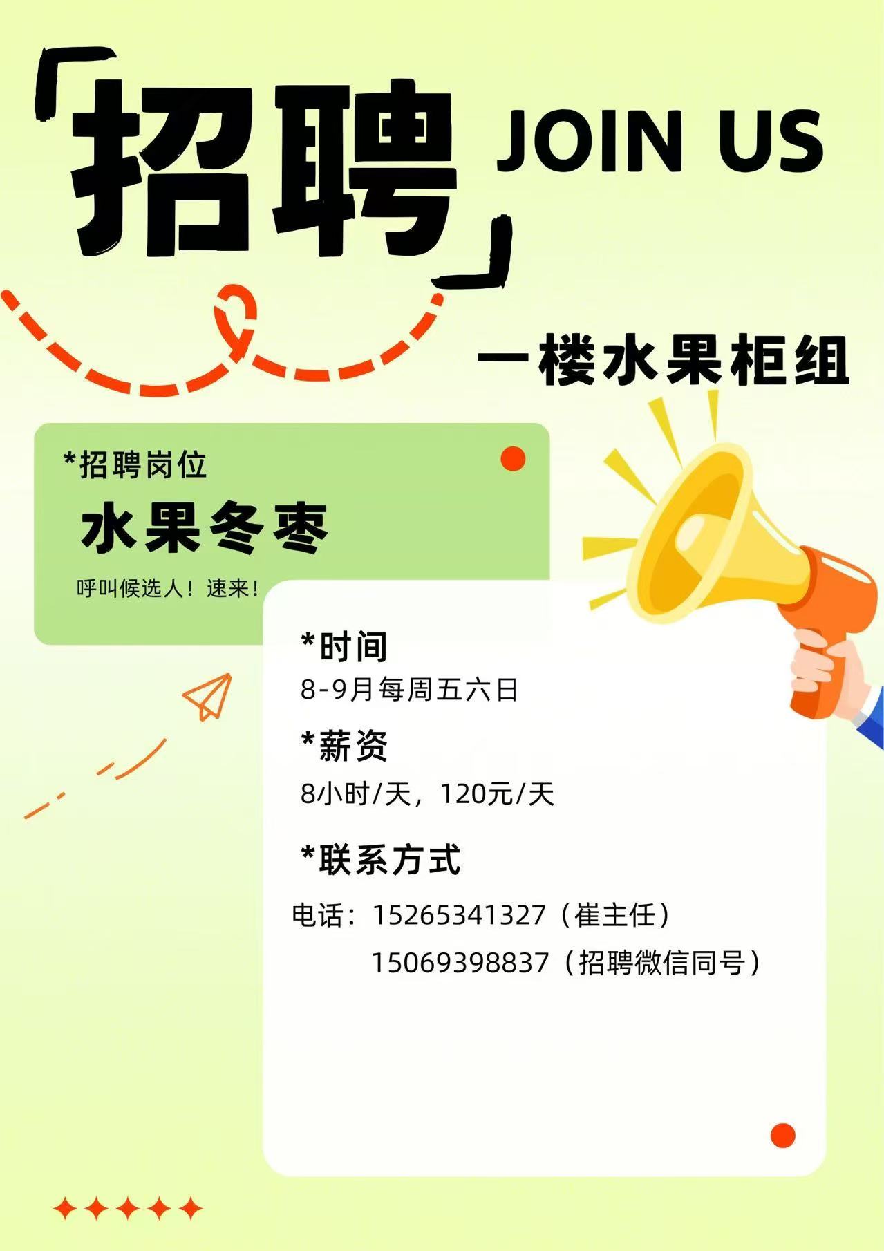 周村信誉楼一楼水果柜组招聘员工