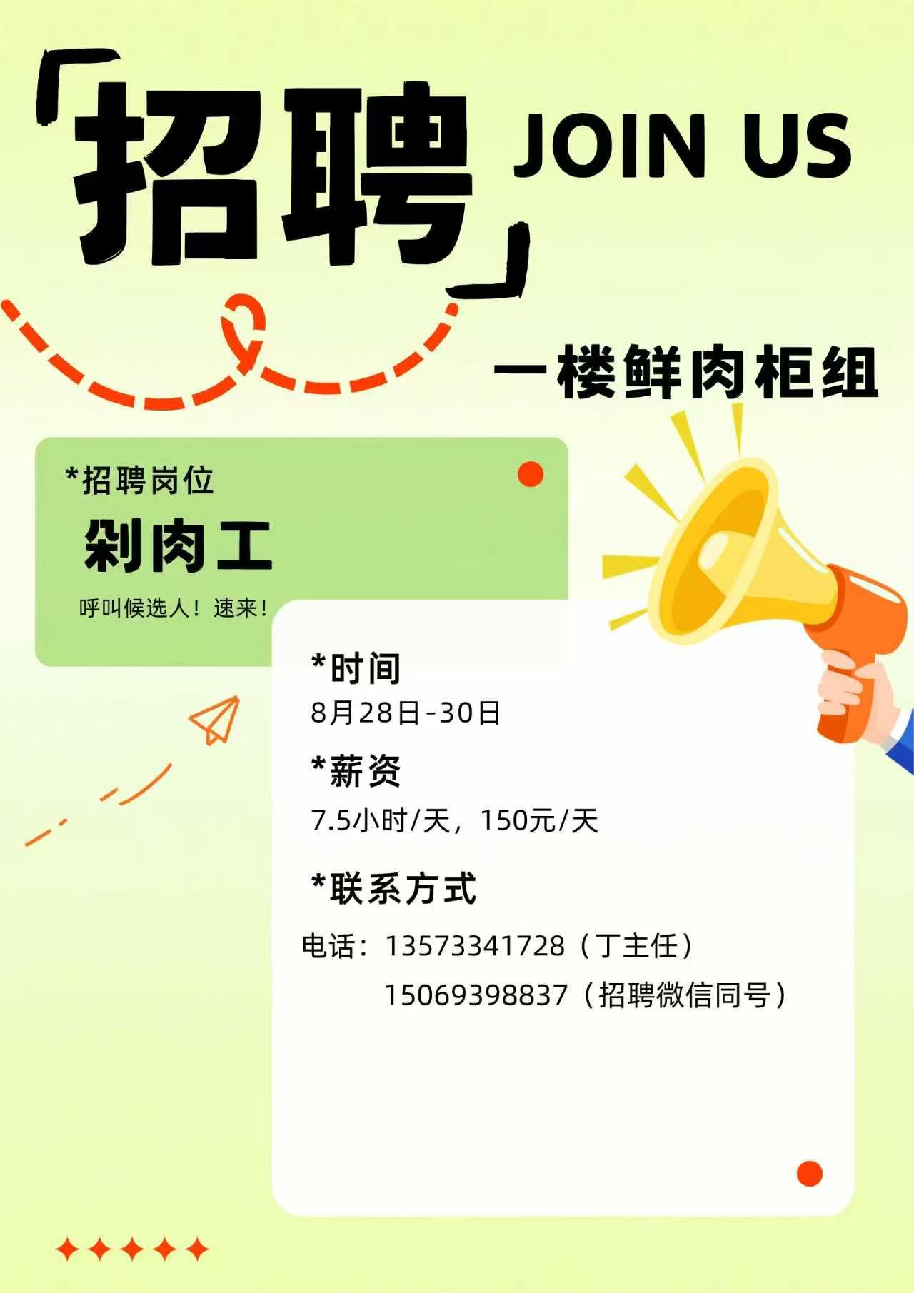 周村信誉楼一楼鲜肉柜组招聘剁肉工